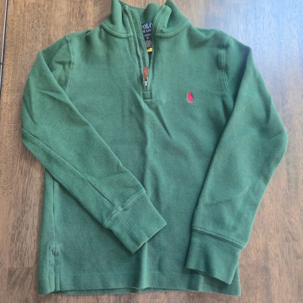 Polo Ralph Lauren Boys Green Ribbed Cotton Quarter Zip Pullover Sweater Size 8